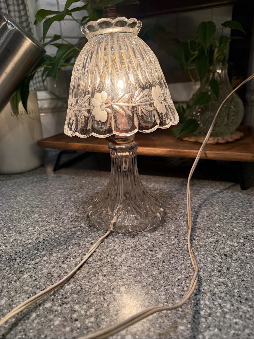 Vintage Princess House Etched Glass Table Lamp with Floral Detail